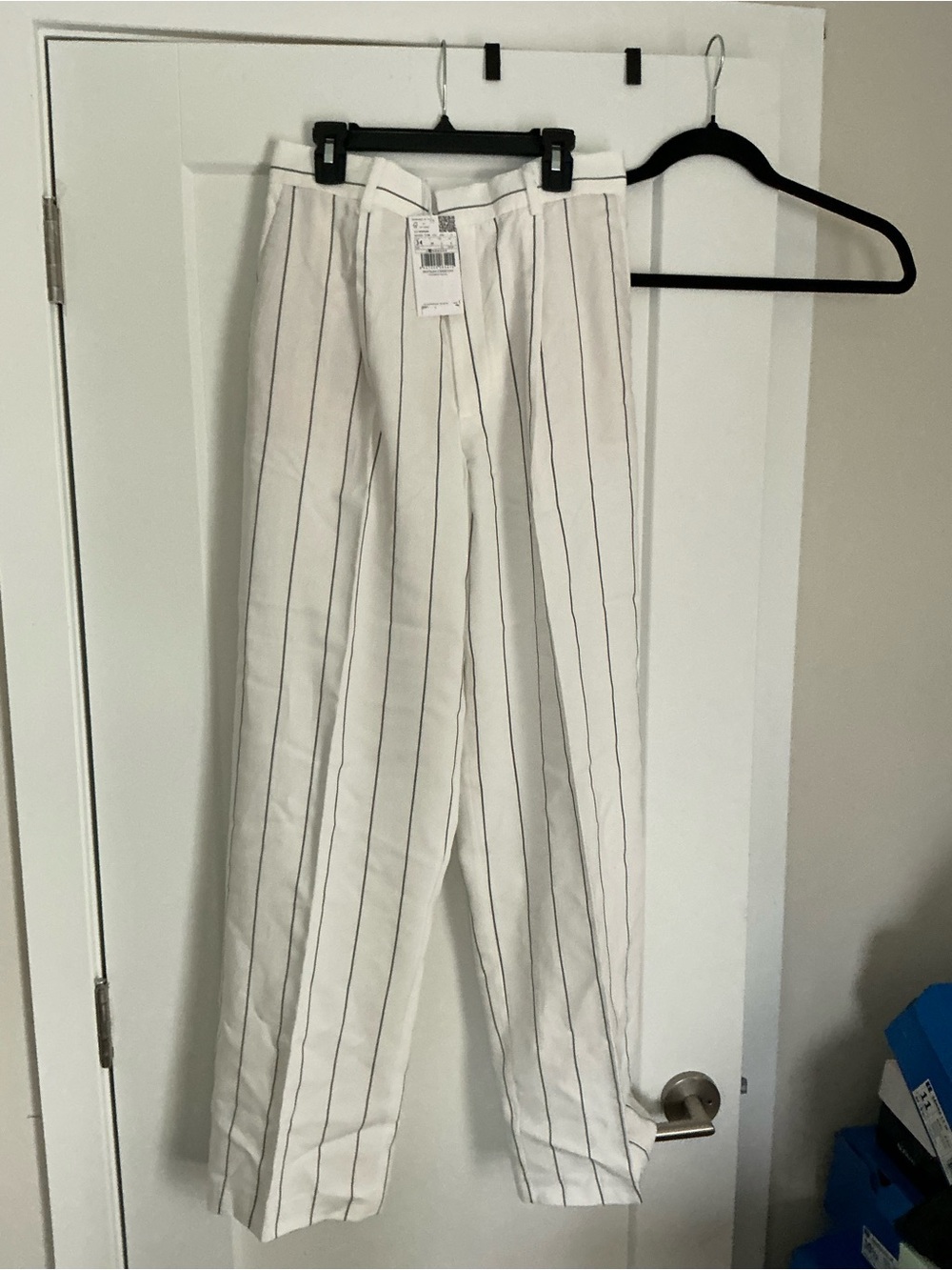 Mango White Pinstripe High-Waist Trousers